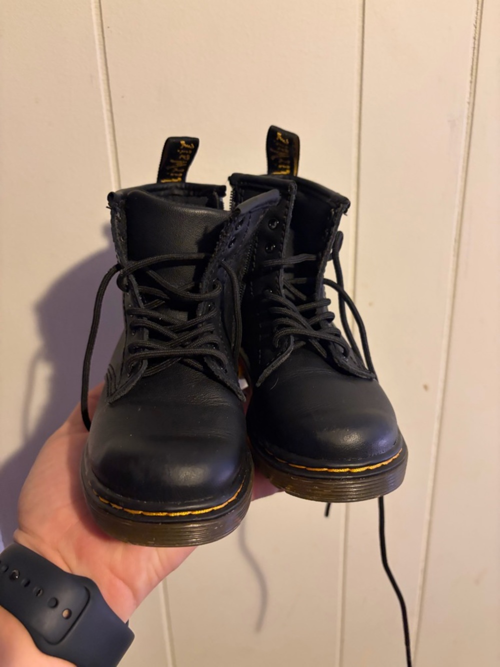 Dr. Martens Black Leather Lace-Up Combat Boots with Yellow Stitching